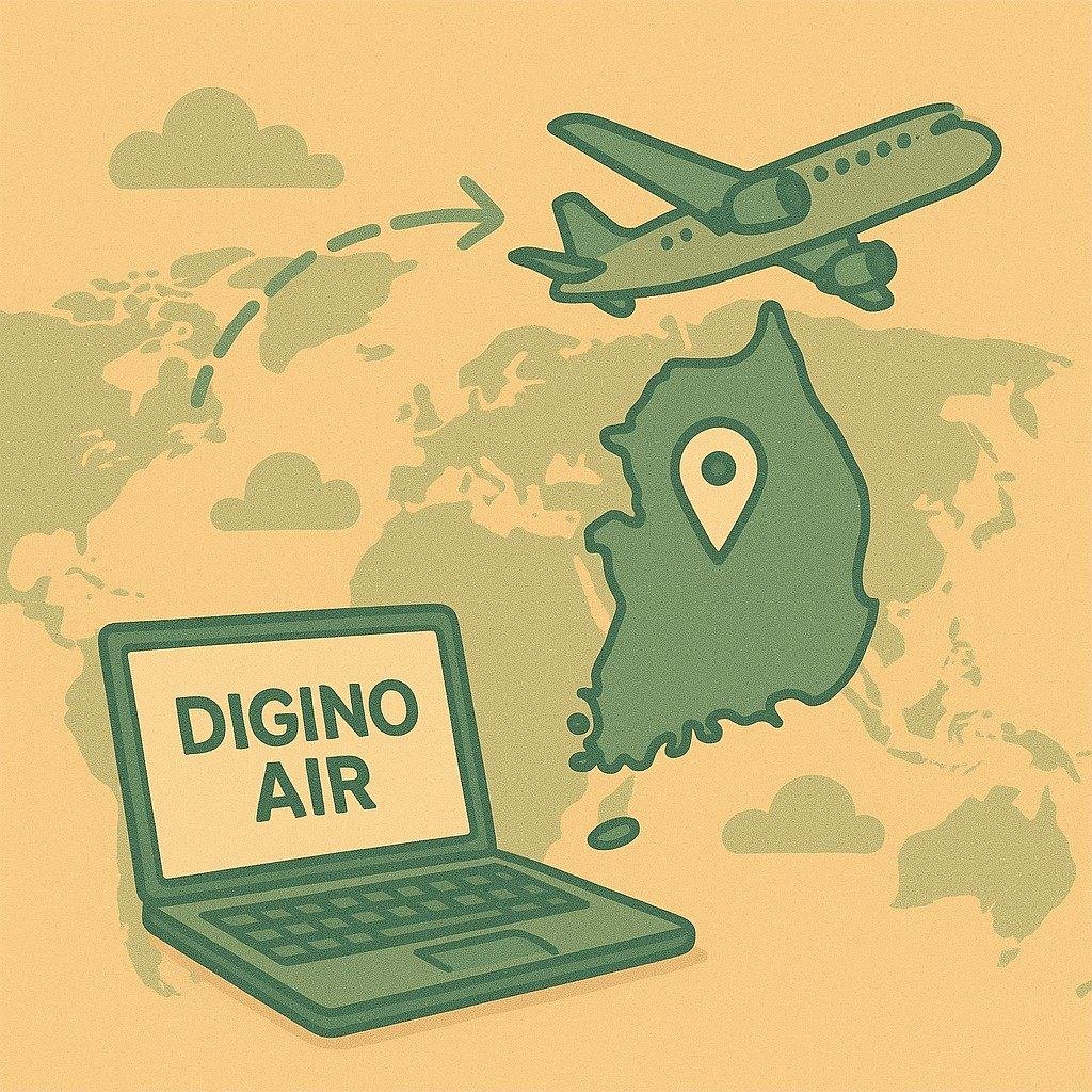Illustration of globe, Korea map and laptop representing the mission of DIGINOAIR