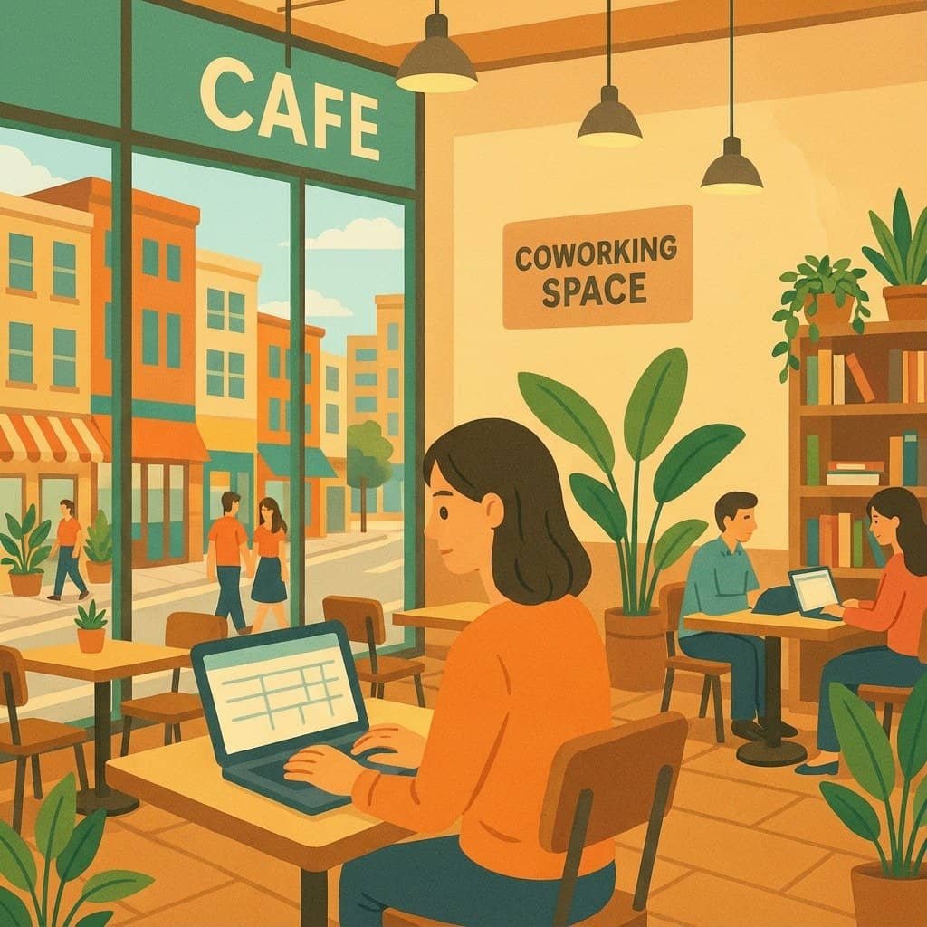 Collage of Korean apartment, café and coworking space